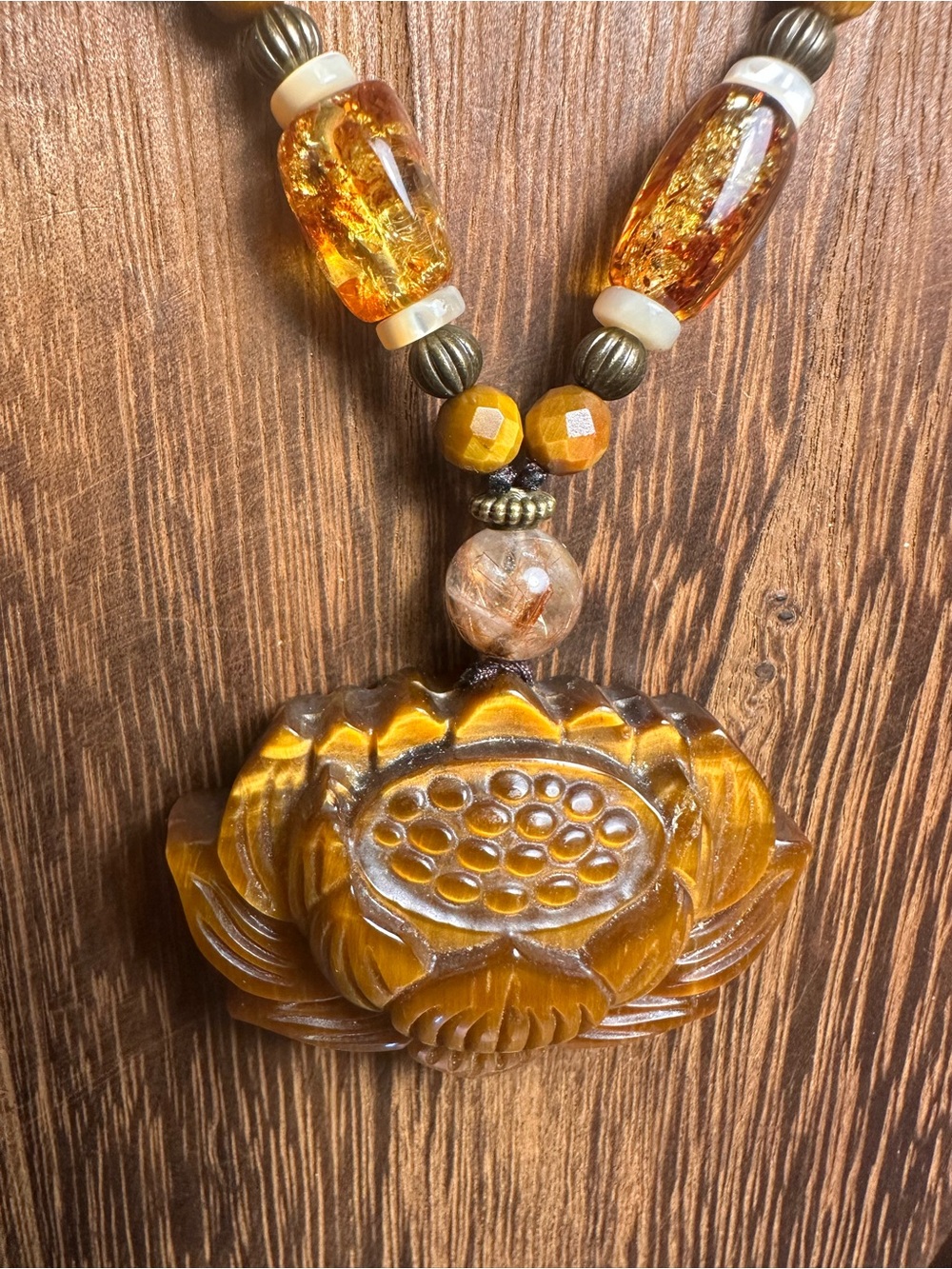 Tiger’s Eye Lotus Pendant Necklace with Golden Rutile and Amber on Rope - Picture 6 of 16